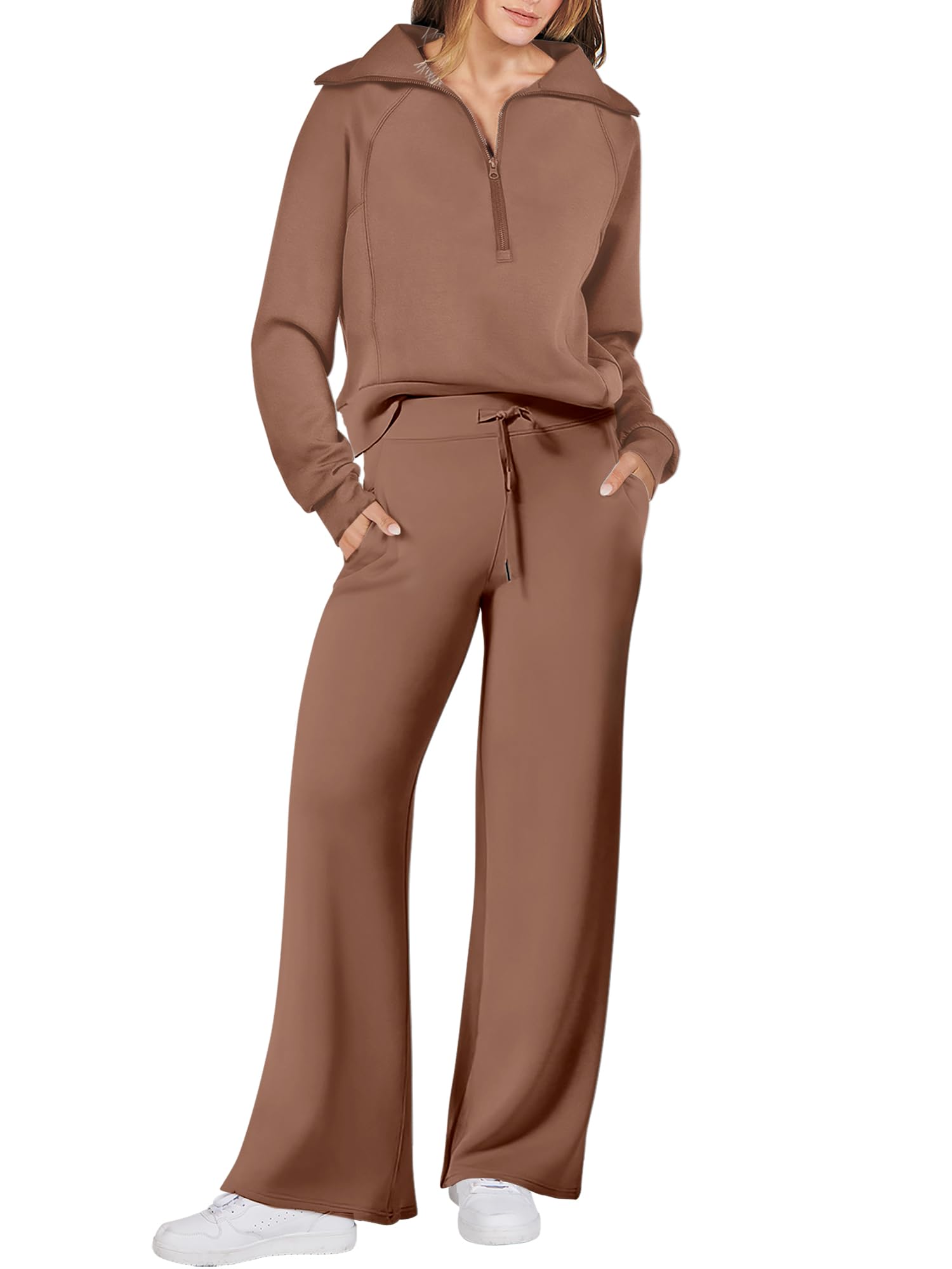 Photo 1 of ANRABESS Women 2 Piece Outfits 2025 Fall Fashion Airport Wide Leg Pants Lounge Set Leisure Travel Vacation Clothes Sweatsuits Brown Small