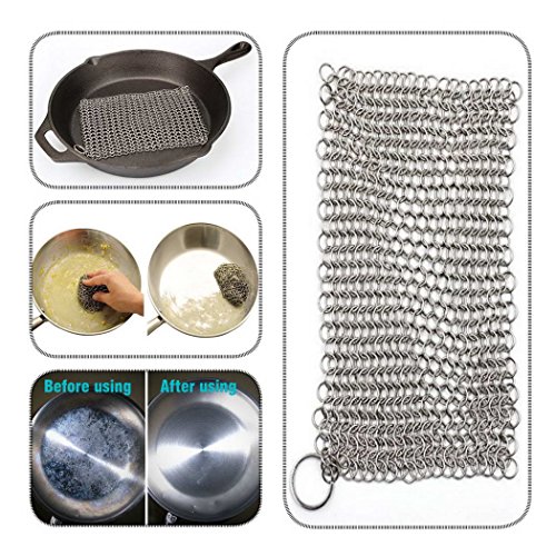 LIVEHITOP Cast Iron Cleaner Set 9 Packs, XL 8x6 Stainless Steel Scrubber, Pan Scraper Plastic Set Tool and Silicone Hot Handle Holder for Cast Iron Skillets Frying Pans, Gifts for Kitchen Home