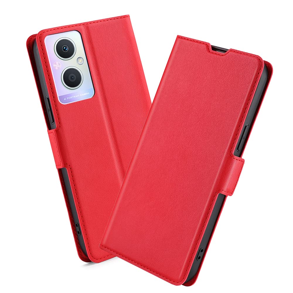 XITEN Protective Phone Case for Oppo Reno 8 Lite 5G(Reno8 Lite), PU/TPU Vintage Flip Leather Shockproof Cover Magnetic Book Style Wallet, Red