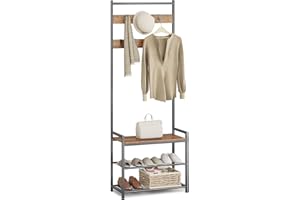 Leadpro Coat Rack Hall Tree with Shoe Storage, Entryway Hall Tree Storage Bench, Wood Look Accent Furniture with Metal Frame, 3-in-1 Design, Rustic Brown