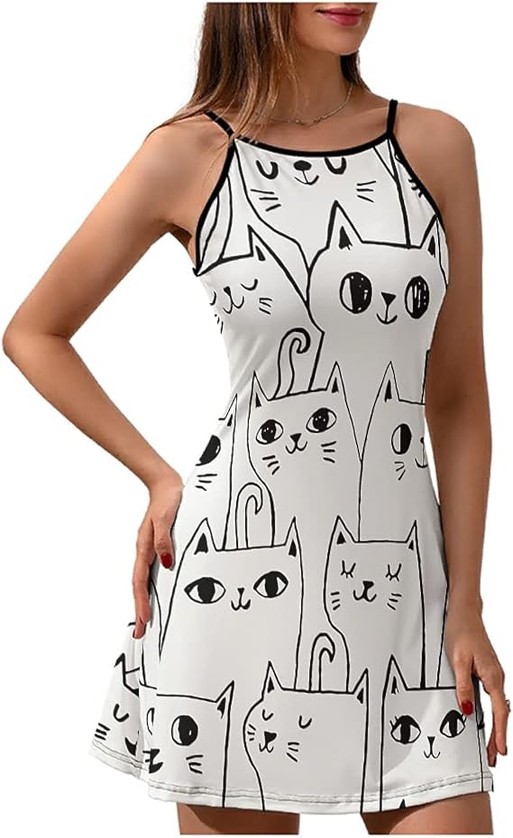 Women's Summmer Cami Dress A Group of Cats Stretchy CAT Fashion