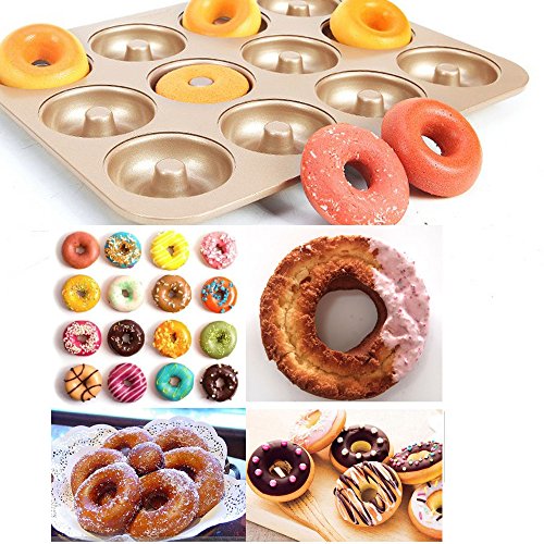 Doughnut Pan 12 Cavity Donut Baking Maker Non Stick Cake Mold Gold Carbon Steel 2.75"