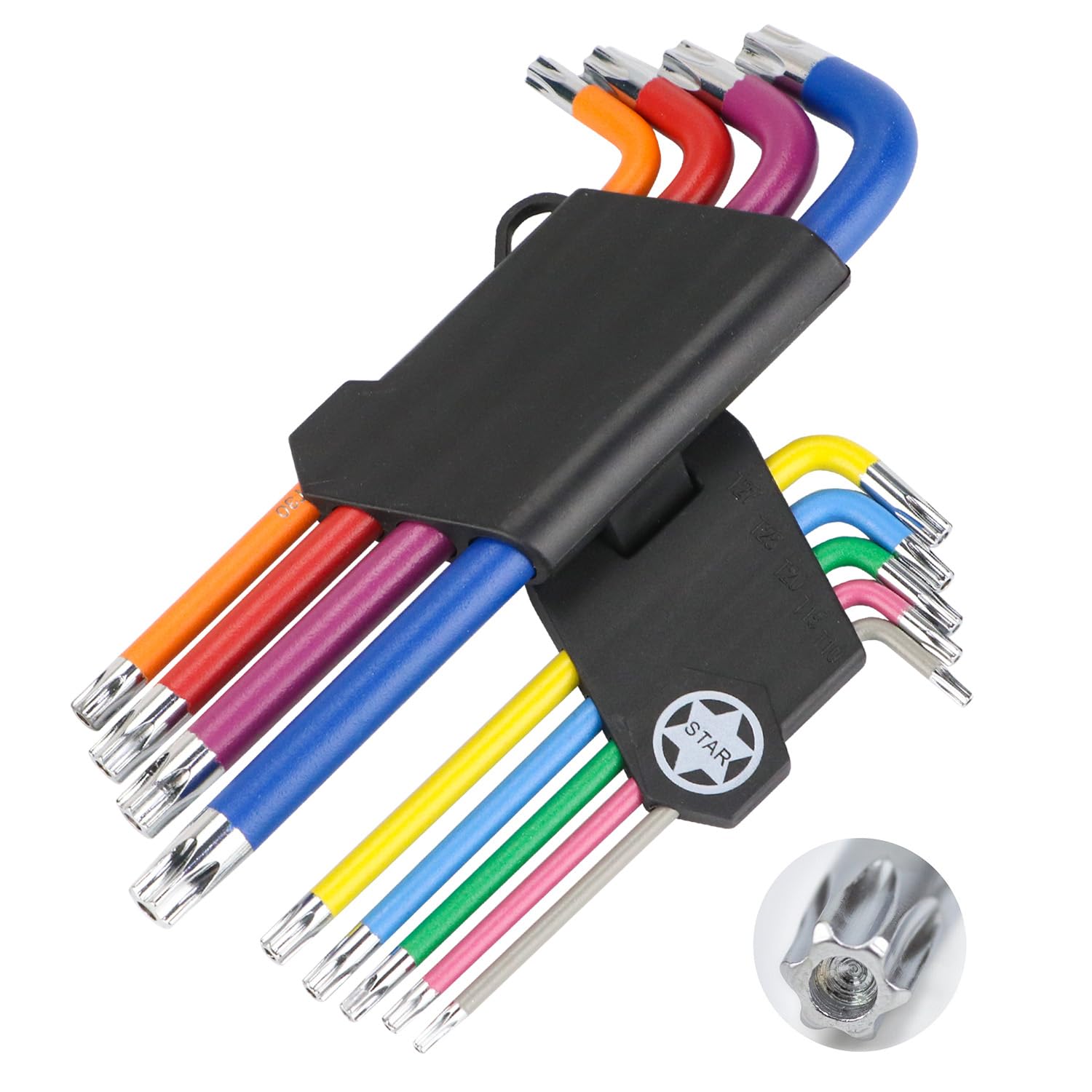 Anesty Torx Key Set 9pcs T10-T50 Security Tamperproof Torx Star Key Set Cr-V Steel Made, Colour Coded Long L Shape Star Keys