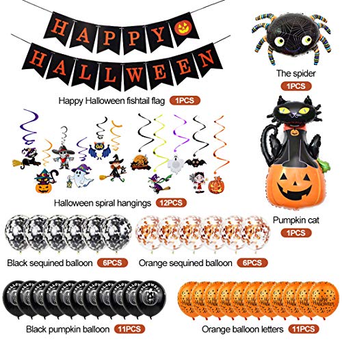 2021 Halloween Decorations, 62pcs Halloween Balloons Set, Pumpkin Cat Spider Foil Balloons Halloween Party Supplies for Adults Kids Birthday Party