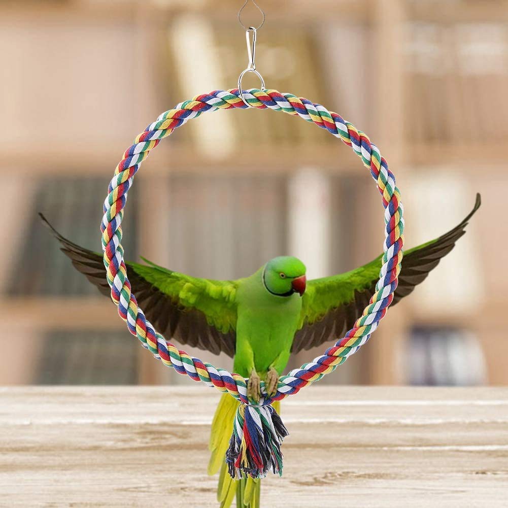 Bird Cotton Rope Swing, Parrot Ring Perch Stand Chewing Toy for Bird Cage Decoration Accessory with 18cm Ring Diameter for Pet Birds, Cage Play and Chew Relief, Durable Natural F