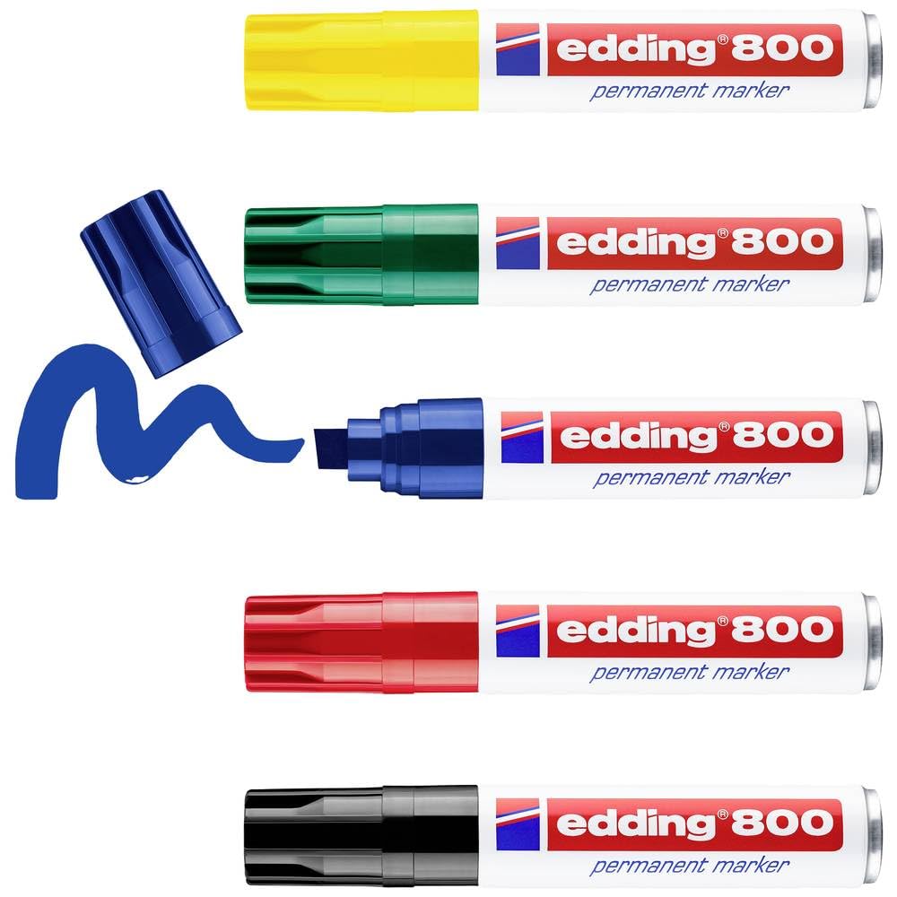 edding 800 permanent marker - multi-coloured - 5 pens - chisel nib 4-12 mm - for bold markings - waterproof, quick-drying, smear-proof pens - for cardboard, plastic, wood, metal, glass and fabric
