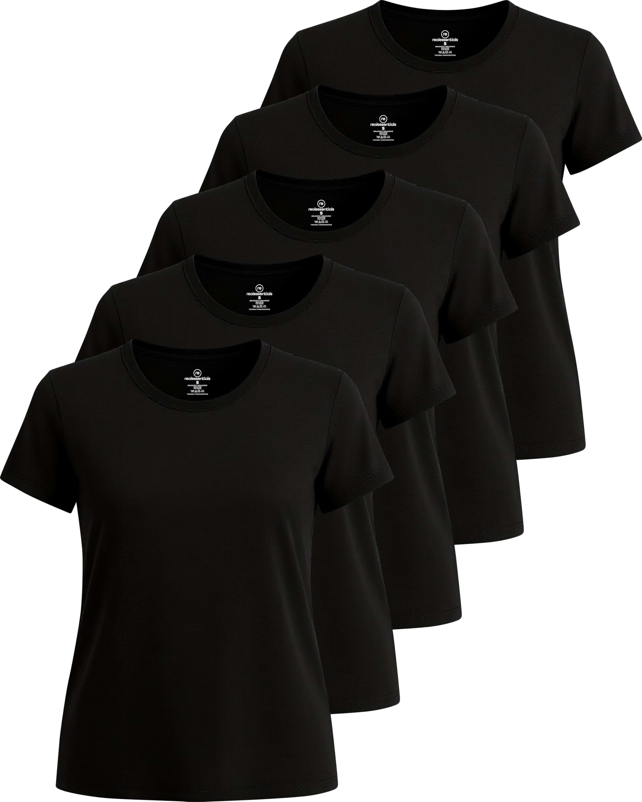 Photo 1 of Real Essentials 5 Pack: Women's Short Sleeve T-Shirts Workout Tops Fitness Pilates Gym Activewear Athletic (Plus Available), Set 5, M, Pack of 5
