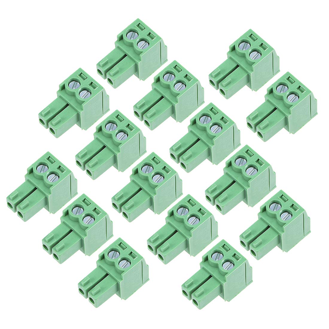sourcing map 15Pcs AC 300V 8A 3.5mm Pitch 2P Flat Angle Needle Seat Insert-in PCB Terminal Block Connector Green