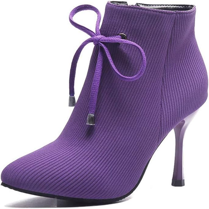 Winter Ladies High Heel Bow Decoration Pointed Toe Ankle Boots Women Black Purple Sexy Party Bootie Female