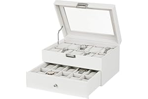 BEWISHOME Watch Box Organizer 20 Slots Men Watch Case Display Storage Holder Metal Hinge White PU Leather Glass Top Large Holder, White SSH04W