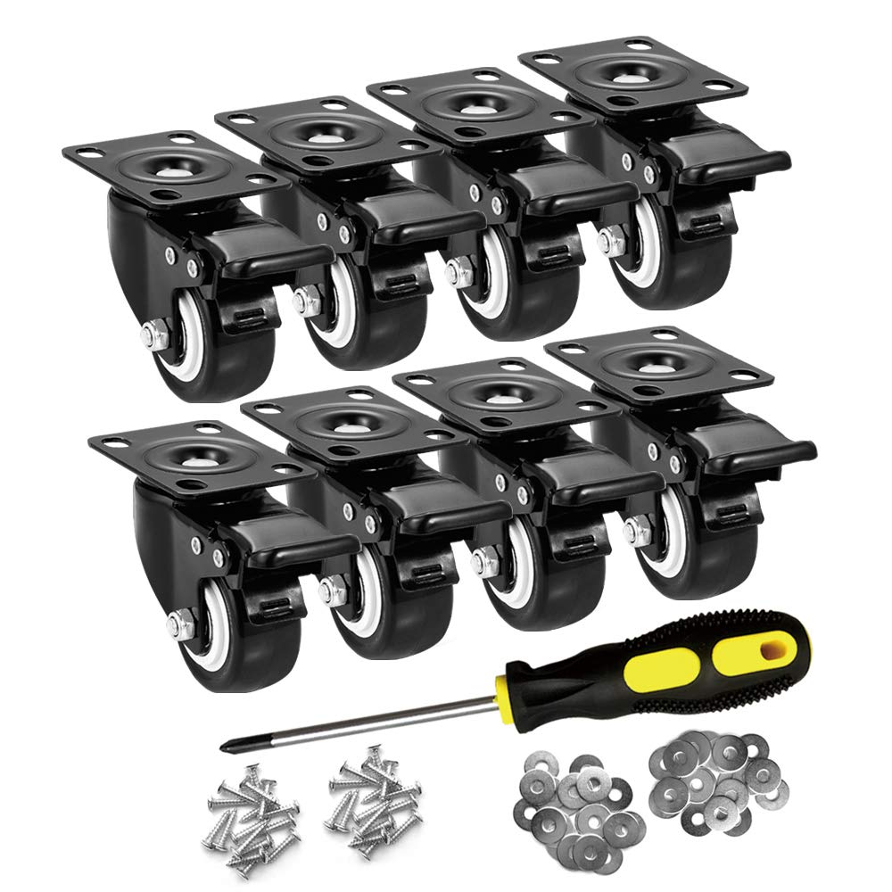 Photo 1 of ASHGOOB 2" Caster Wheels Set of 8, Heavy Duty Casters with Brake, No Noise Locking Casters with Polyurethane (PU) Wheels, Swivel Plate Castors Pack of 8