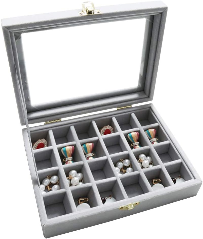 Wuligirl Velvet Glass Ring Display Box Jewelry Holder Storage Organizer Case Earring Rings Tray Showcase Stackable (24 Grids)