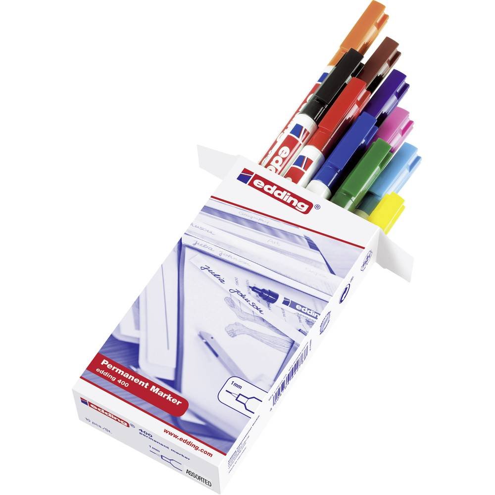 edding 400 permanent marker - multi-coloured - 10 pens - fine round nib 1 mm - waterproof, quick-drying, smear-proof pens - for cardboard, plastic, wood, metal, glass and fabric