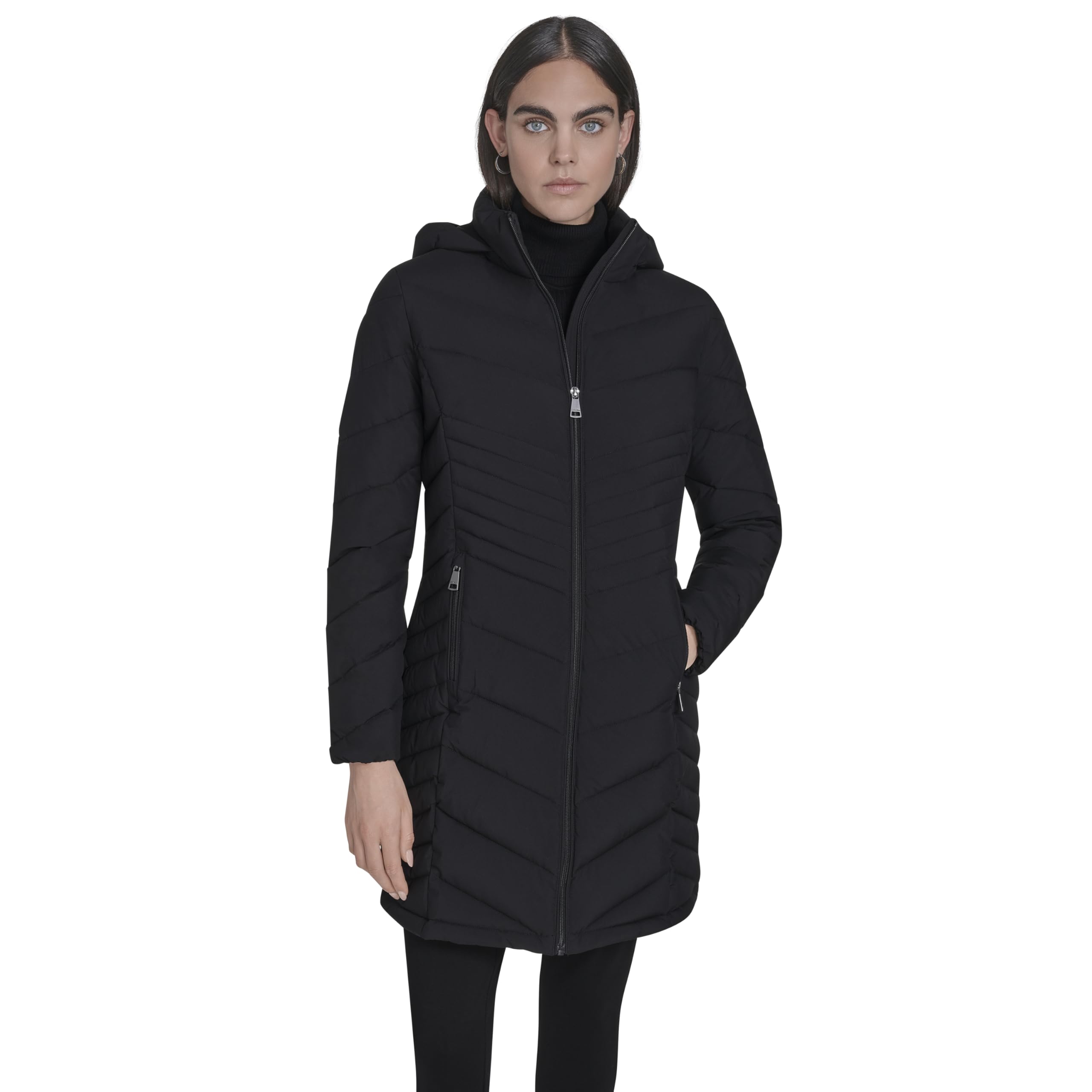 Calvin Klein Women’s Hooded Chevron Quilt Puffer Coat – Slimming Longline Winter Jacket, Ebony, XS