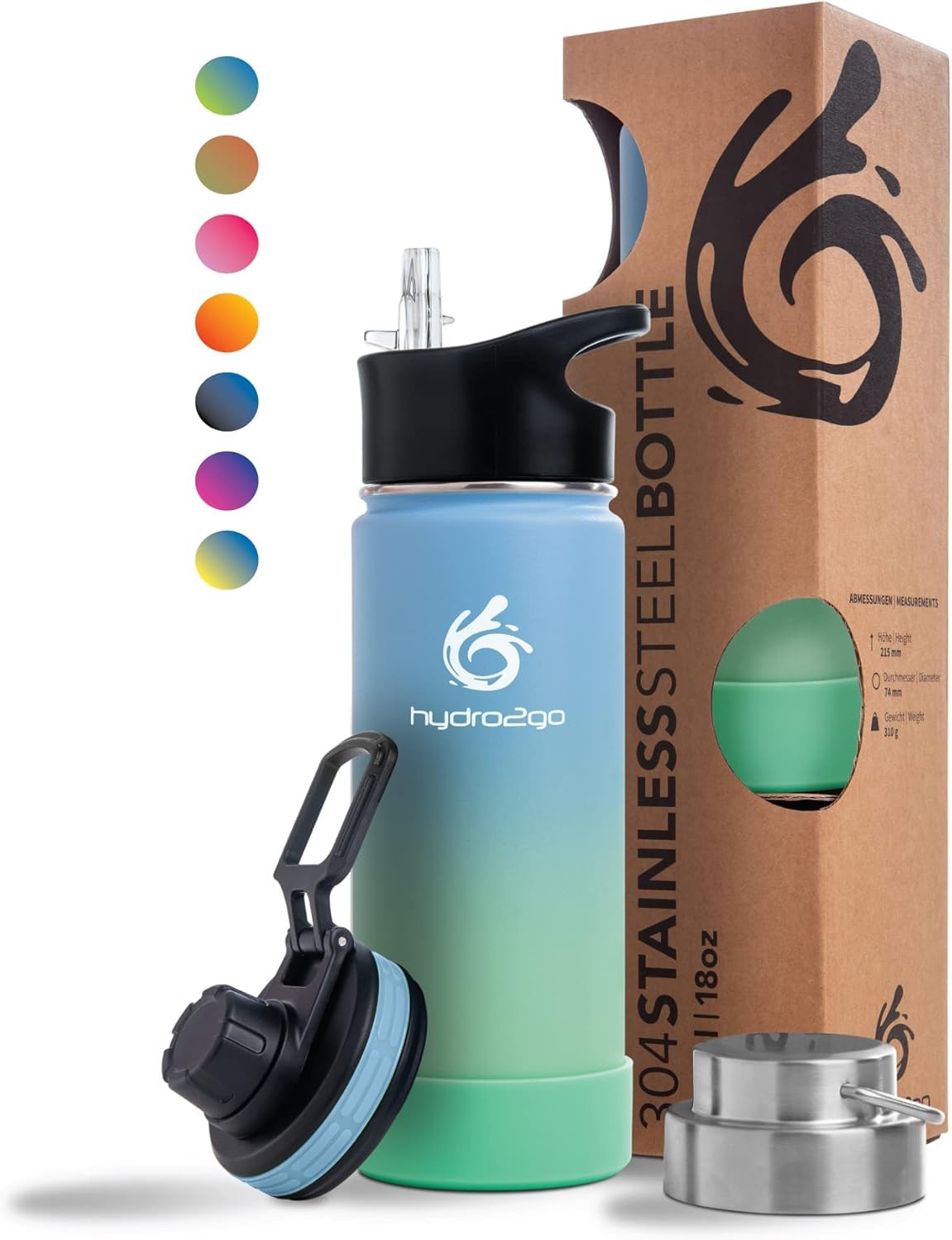 hydro2go Stainless Steel Water Bottle 530ml, BPA-free, keeps drinks hot 12H & cold 24H, for kids, school, sports & outdoor, includes 3 caps Lagoon