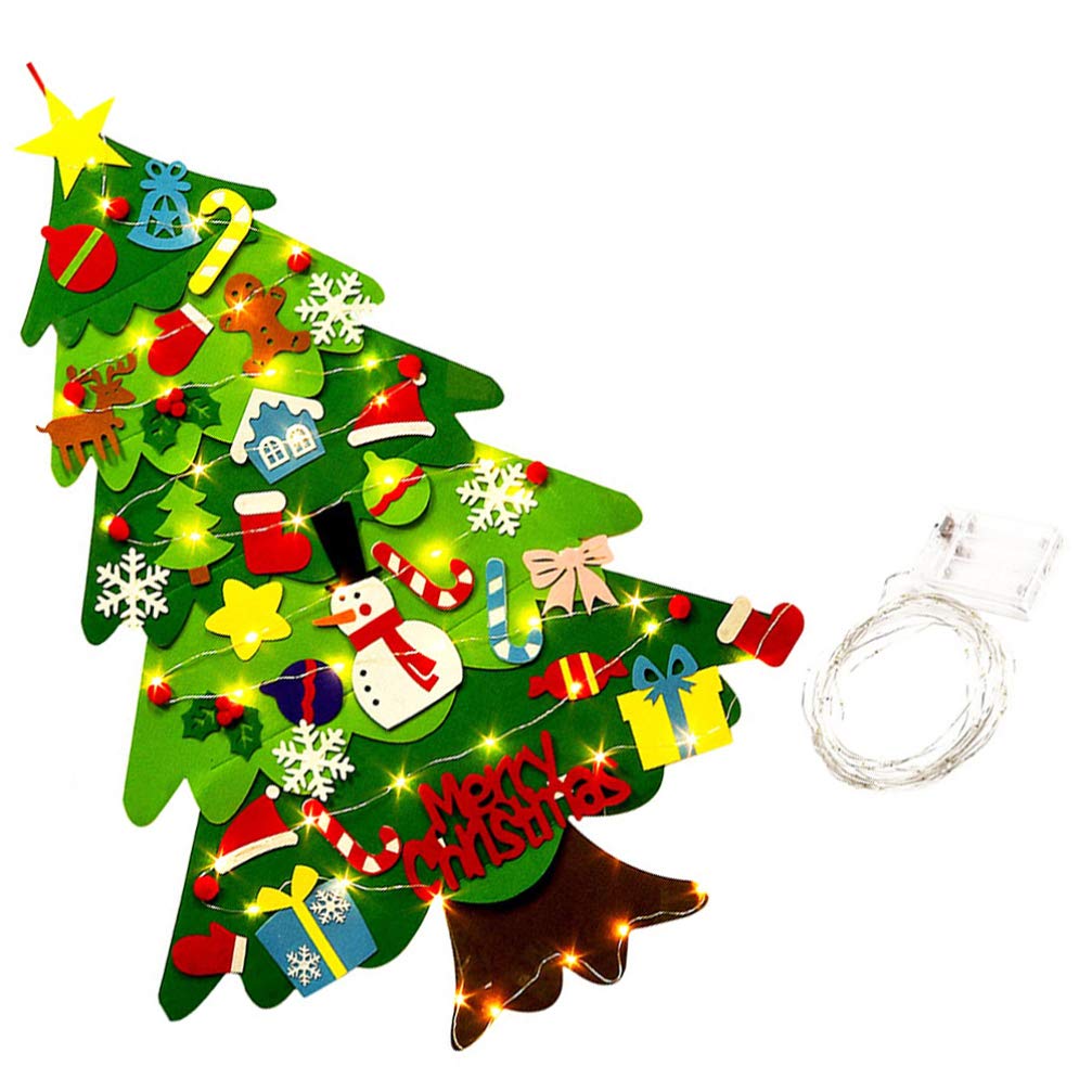 LED Felt Christmas Tree DIY Xmas Tree Wall Hanging Christmas Decor Xmas New Year (Tree and string lights without battery)