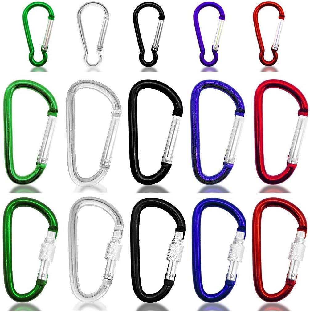 CNYMANY 15 pcs Locking and Nonlocking Carabiners Keychains, 1.9" 3" Aluminum D-ring Screw Locking Clips Set and Unlocking Key Rings for Outdoor Camping Hiking