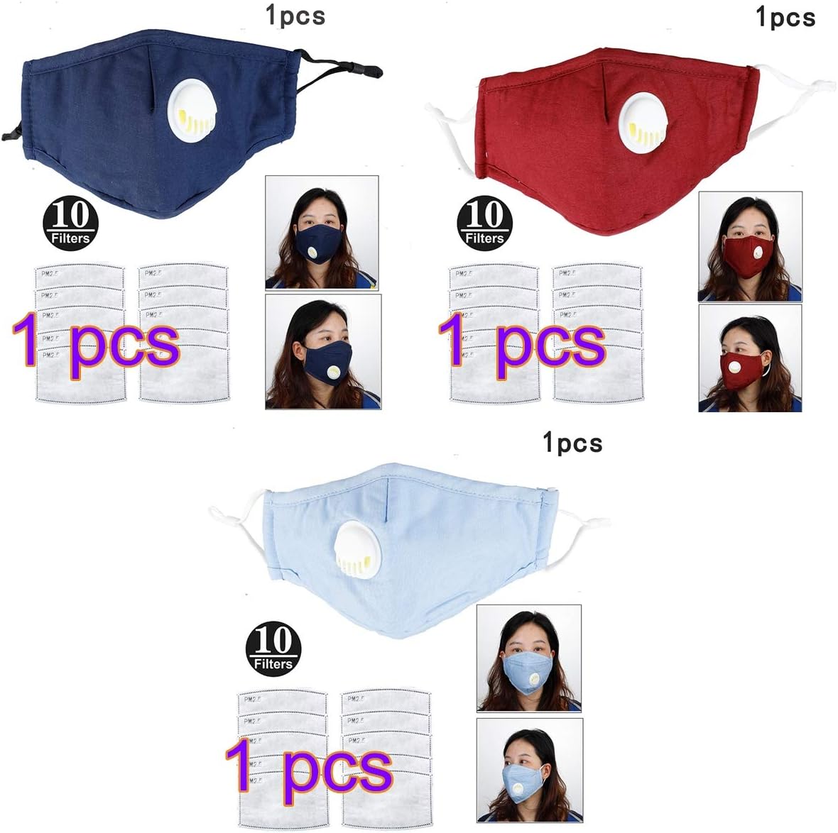 3PCS PM2.5 Mask, N95 Protection Masks with Respirator, Reusable Air Filter Mask, Anti Dust Mask Air Pollution Smoke Allergy Mask for Women and Men