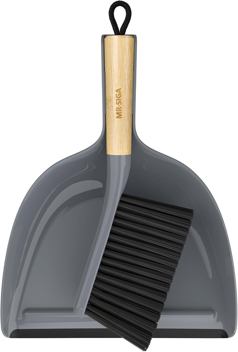 MR.SIGA Dustpan and Brush Set Bamboo Handle Grey Durable Bristles