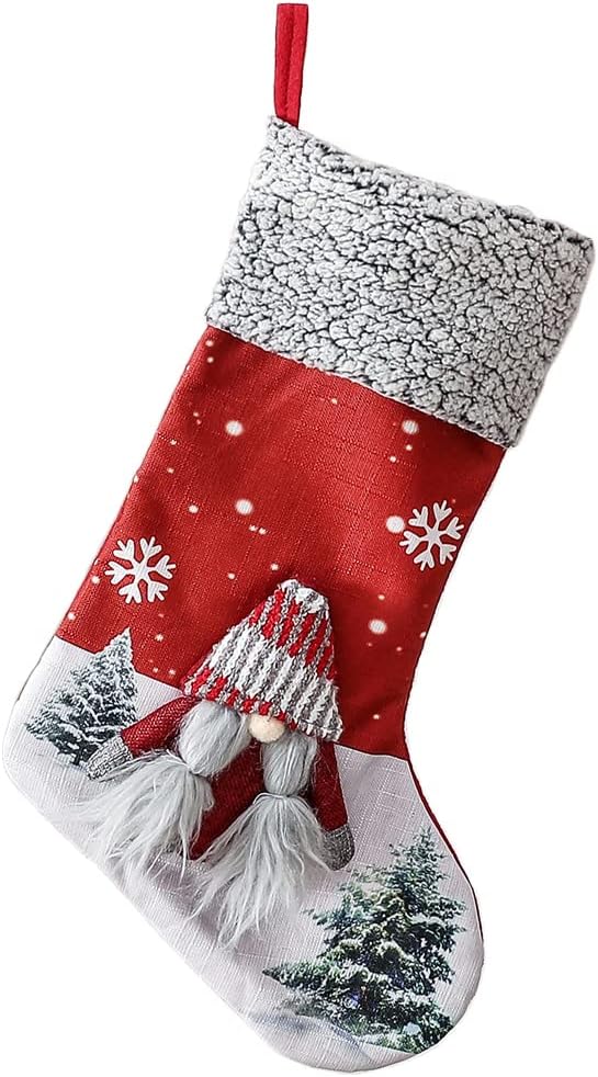 Stockings & Holders - Flowermao Christmas Stockings Xmas Elf Doll Stockings Fireplace Hanging Stockings for Kids Family Holiday Christmas Decoration Party Decor 18 Inch Red