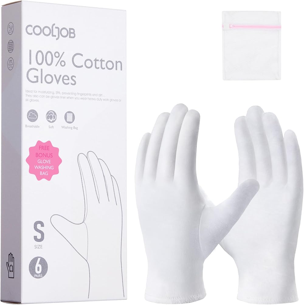 COOLJOB 100% Cotton Gloves 6 Pairs Small White Moisturizing Sleep Spa