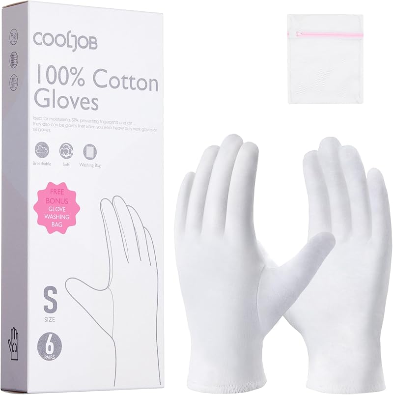 COOLJOB 100% Cotton Gloves 6 Pairs Small White Moisturizing Sleep Spa