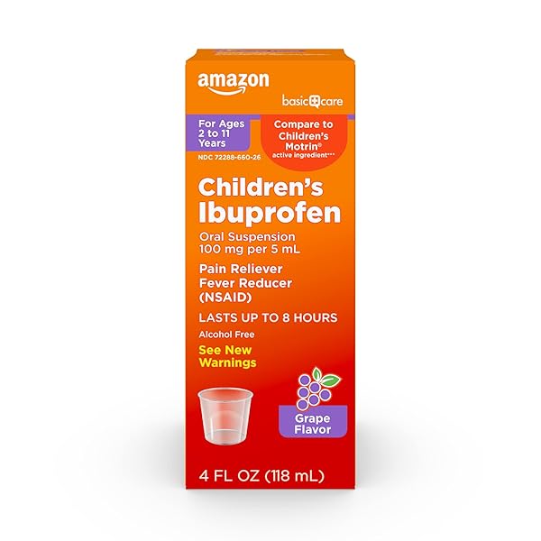 AMAZON BASIC CARE CHILDREN’S IBUPROFEN ORAL SUSPENSION 100 MG PER 5 ML, PAIN RELIEVER AND FEVER REDUCER, GRAPE , FOR MINOR ACHES AND PAINS, SORE THROAT, HEADACHE RELIEF AND MORE, 4 FL OZ (PACK OF 1)