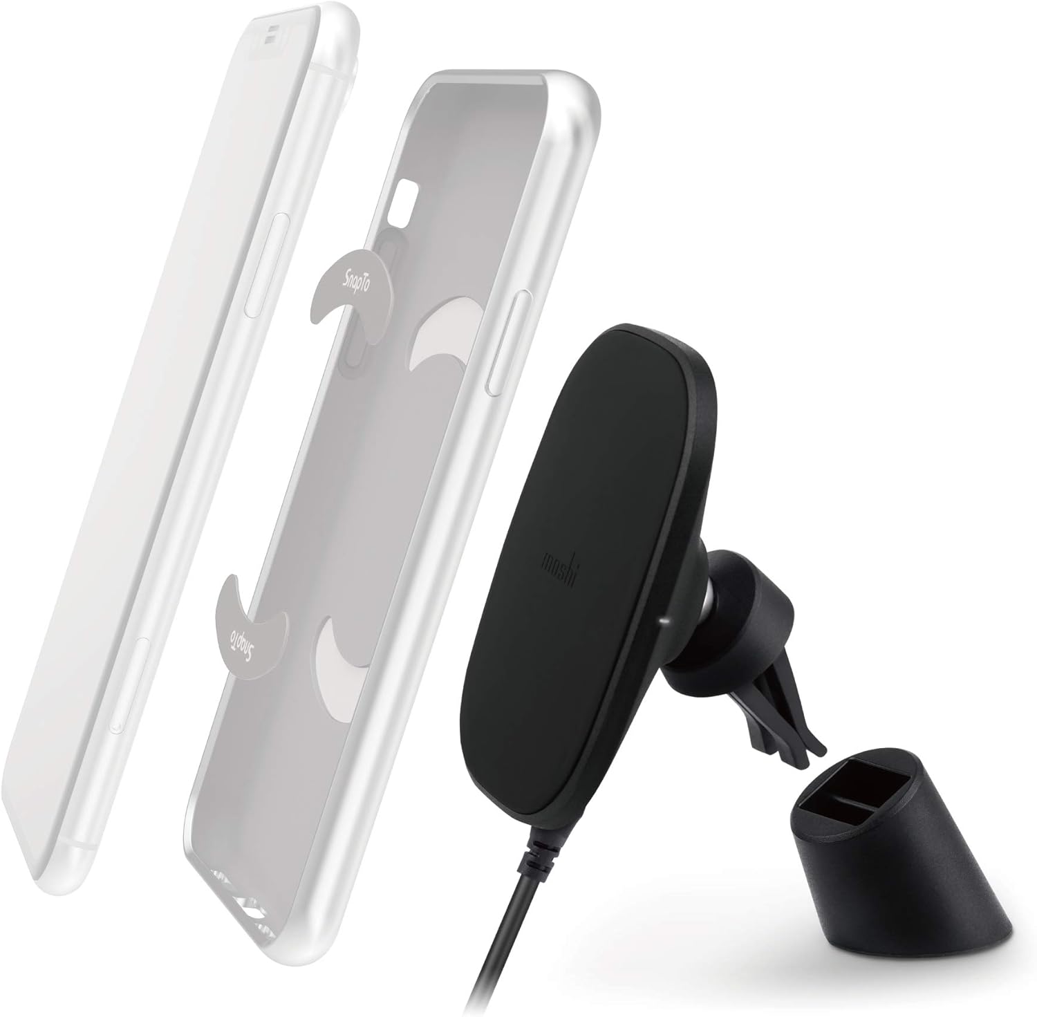 Moshi SnapTo Magnetic Car Mount Wireless Charging Qi-Certified [Only Compatible with Moshi SnapTo Series Cases], Fast Charge Up to 10W, Dual Mounting for Dash & Air Vent [USB A Port Charger Needed]