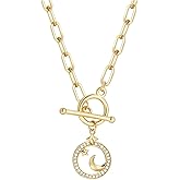 DoreenBeads 18K Gold Sun Moon Star Compass Pendant Necklace Chunky Toggle Paperclip Chain Necklace with Heart Daisy Bee Charms for Women Girls 20 Inches