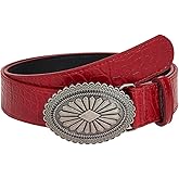 Flimire Women Red Western Belt with Floral Buckle Vintage Country Belts for Pants Jeans Dress Cowboy Cowgirls Leather Belt