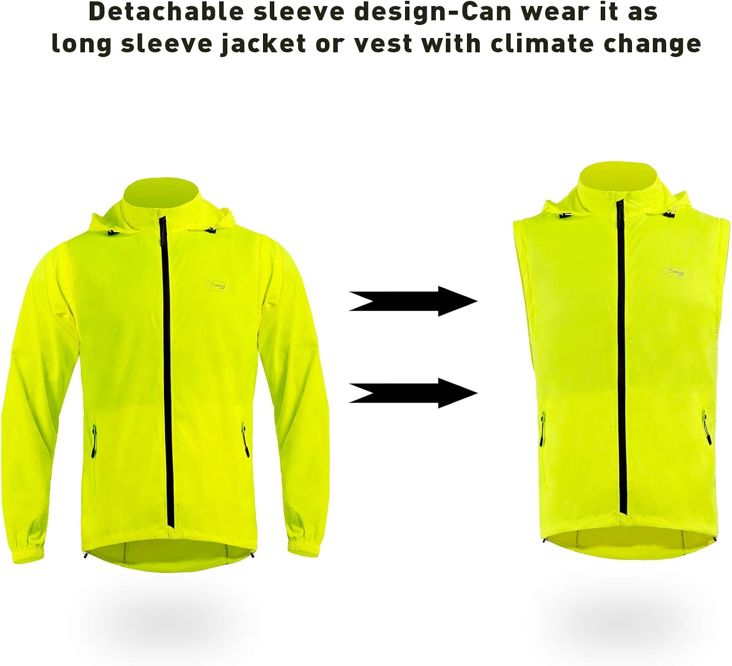 Men's Cycling Jacket Windproof Running Vest Lightweight Hight Visibility Outdoor Windbreak With Detachable Sleeves : Sports & Outdoors