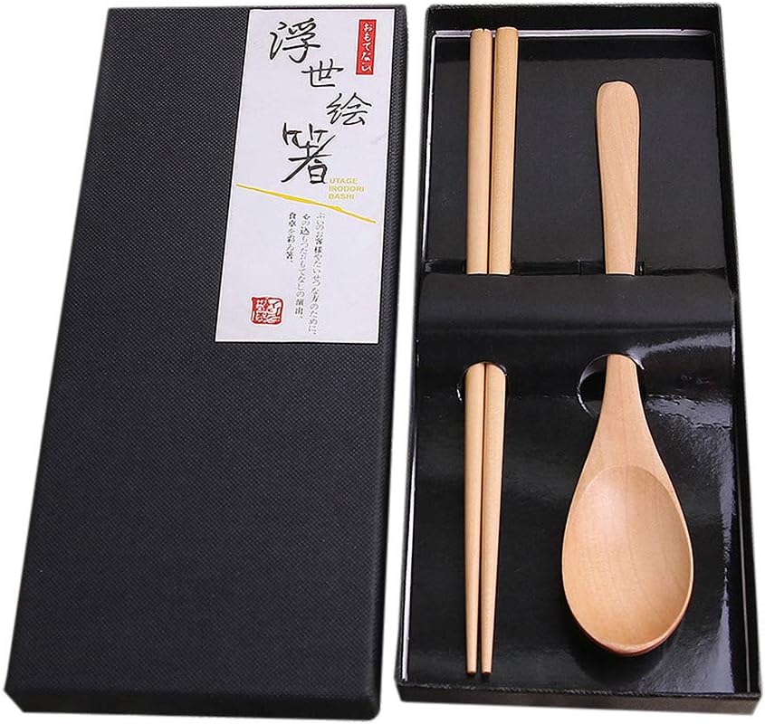Natural Wooden Cutlery Set Gift Box - Japanese Style Portable Kitchen Dinnerware - Reusable Tableware Travel Utensils Kit - Chopstick Spoon Forks for Camping Picnic Office Home (C)