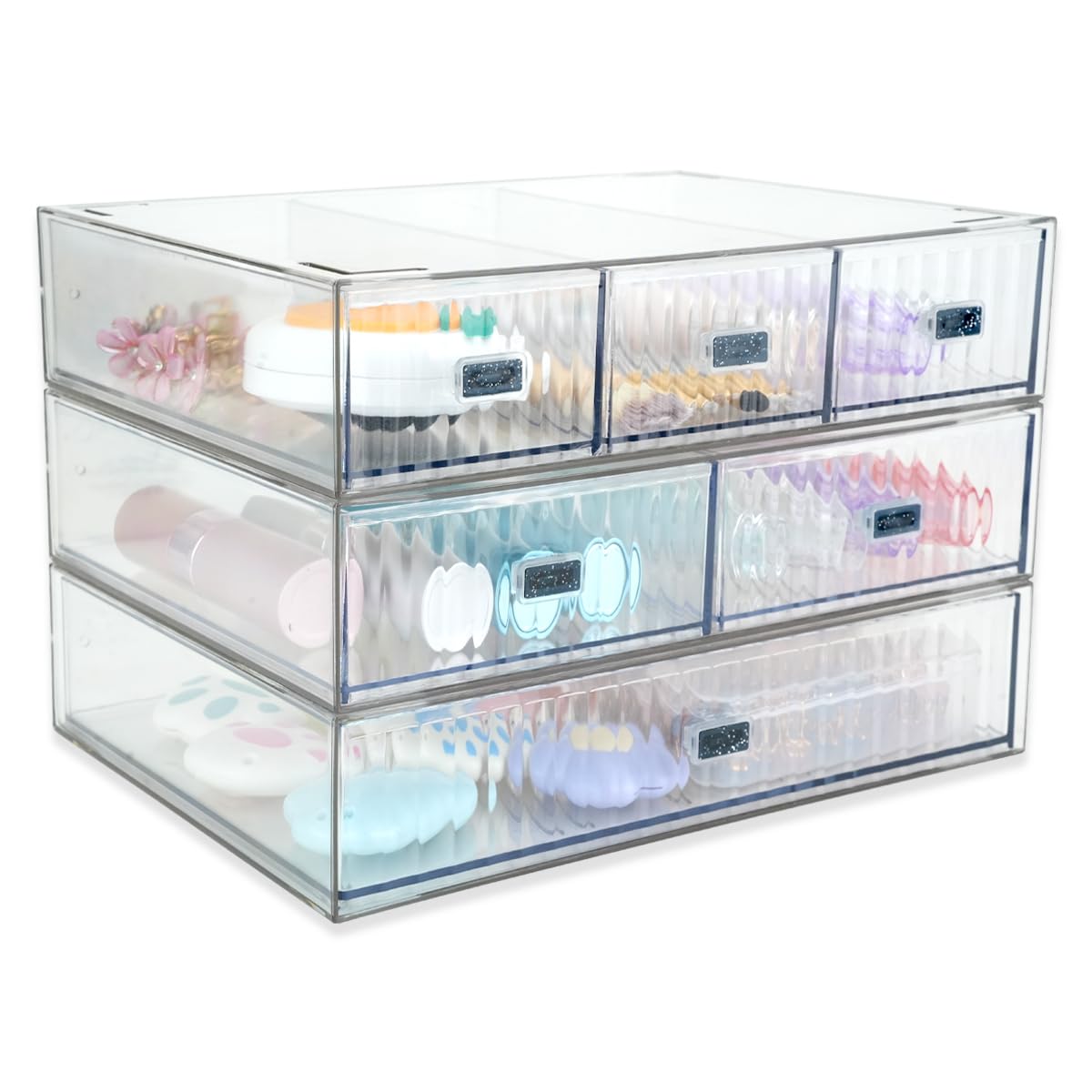 3PCS Acrylic Makeup Organiser, TIE-DailyNec Clear Stackable Make Up Storage Box, Plastic Desk Storage Box with Drawer, Dressing Table Organiser with 6 Compartments for Home Cosmetics Jewelry Office