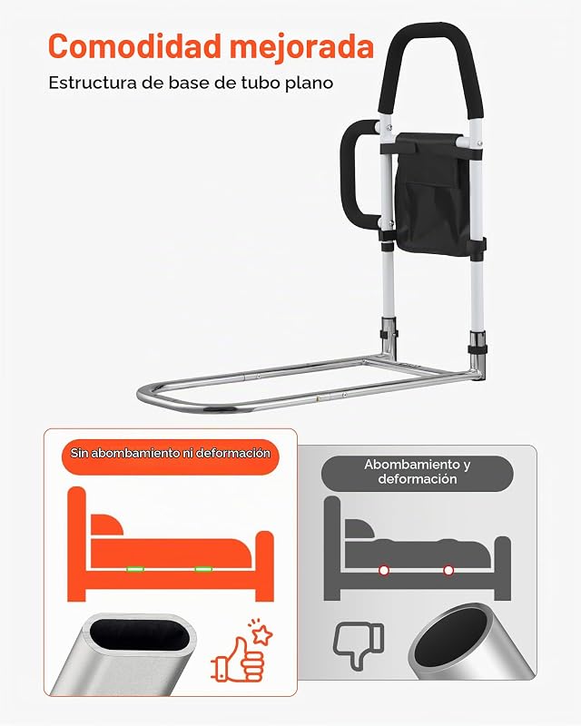Barandilla de Cama de 610 x 400 x 645 mm, con Asa Lateral y Pasamanos de PU, Tubo de Acero al Carbono para Personas Mayores, Compatible con Camas King, Queen, Matrimoniales e Individuales