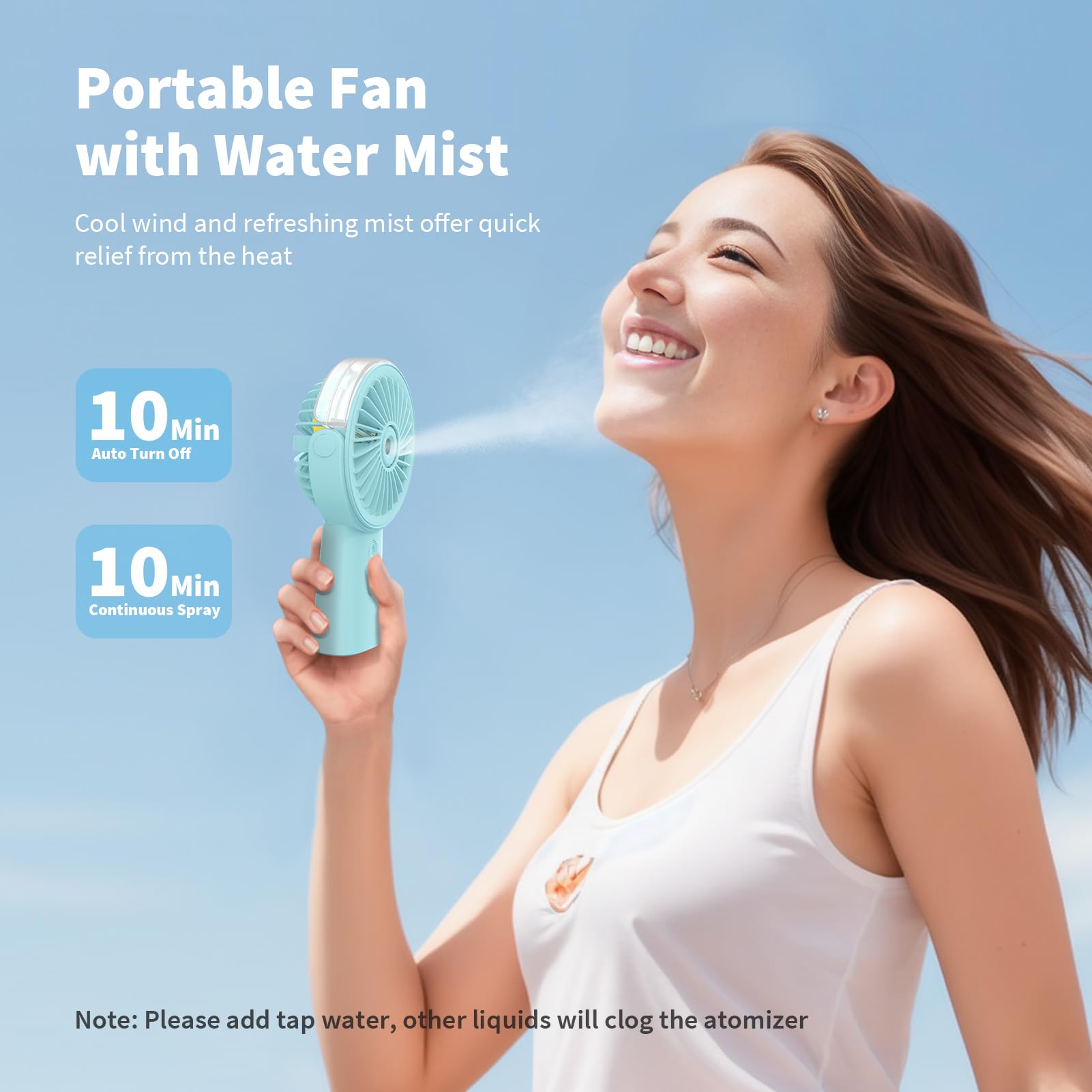 Otlonpe Handheld Misting Fan Portable, 4000mAh Rechargeable Small Personal Water Spray Hand Held Mist Fan Battery Operated, 90° Rotatable, Power Bank for Travel Home Office Men Women Kids (Blue)