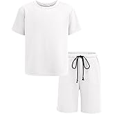 Arshiner Boys Drop Shoulder T-Shirt & Drawstring Waist Shorts Summer Casual Outfits (5-12 Years)