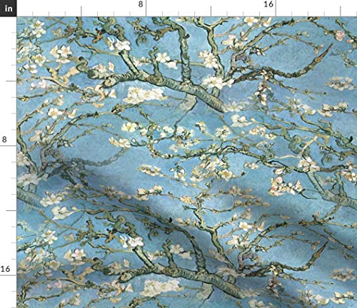 Vintage Botanical Fabric - Blue Almond Tree Blossoms Flowers Tree Branches Impressionist Floral by Peacoquettedesigns Printed on Basic Cotton Ultra Fabric by The Yard