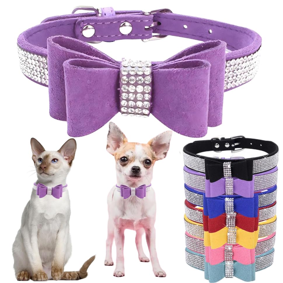 Bowtie Diamante Dog Collar, Pink Dog Collar Adjustable Girls Female Cute Sparkling Crystal Diamond Puppy Collars for Small Medium Large Dogs Light Purple XXS