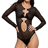 Ypser Women's Sheer Mesh Top Long Sleeve Bodysuit Sexy See Through Mesh Bodysuit Perfect For Party Club Casual Wear