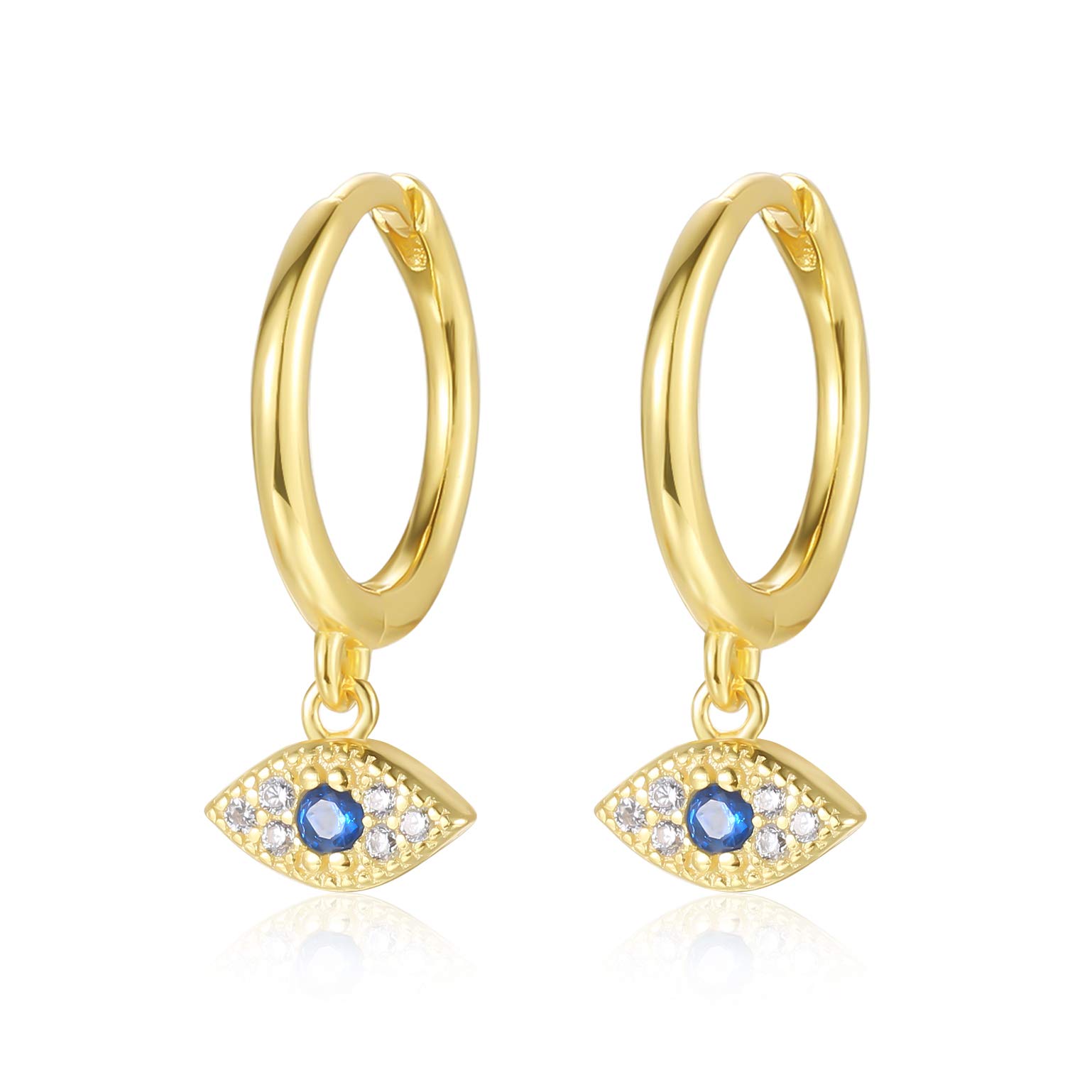 Gold Plated Small 9mm Cubic Zirconia Evil Eye Charm Dangle 925 Sterling Silver Hoop Earrings Cartilage Helix Huggie Hinged Hoops Earrings