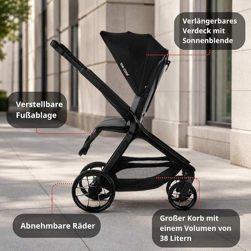 Kombo, 2-in-1 Kombi-Kinderwagen mit höhenverstellbarer Babywanne und wendbarem Sportsitz, automatische Einhand-Faltung, ab Geburt bis 22 kg, Grau