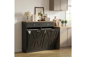 Hidden Trash Can Cabinet with Double Tilt-Out Bins - 20 Gallon Dual Compartment Kitchen Garbage Cabinet, Wooden Hideaway Draw