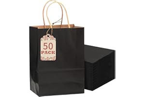 qiqee 50-Packs Black Paper Gift Bags with Handles Bulk 8.3"x3"x 6" Small Size Paper Bags Multiple Uses(15x8x21cm,Small Size)