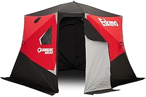 Eskimo Outbreak Portable Pop-Up Ice Fishing Shelter, Stormshield Insulated Fabric, No Trip Door, Durable Hub Design, Deluxe Tie Downs, Red/Black