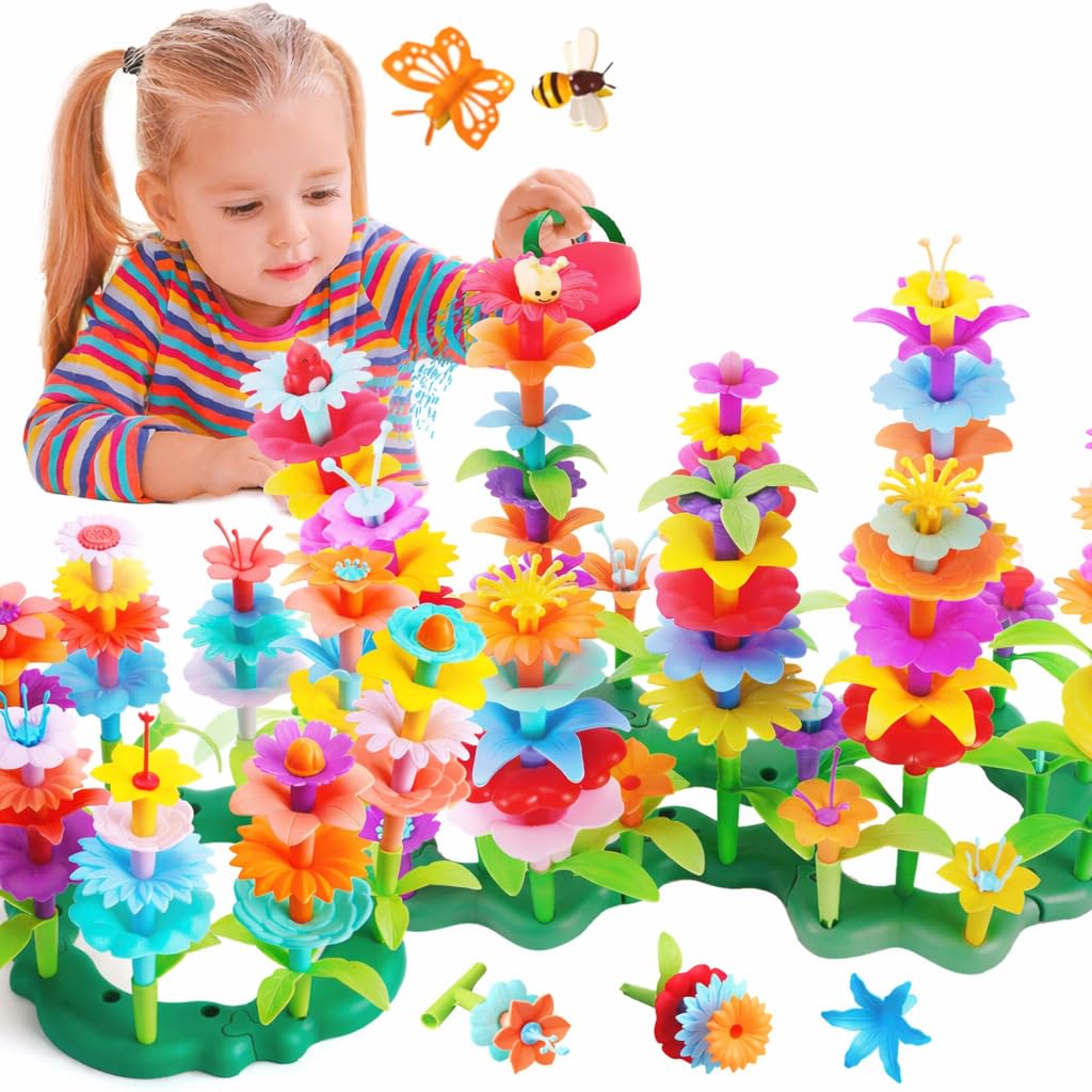 FUNZBO 138pcs Flower Garden Building Set - Easter Spring Toys for 3 4 5 6 7 Years Old Girl, Sorting & Stacking Building Block, STEM Montessori Educational Toy for Kid Toddler Birthday Gift
