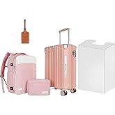 WireHot 22x14x9 Airline Approved Vintage Style Carry On Luggage with Backpack Sets for Women, ABS+PC Hardshell Small 20 inch Retro Suitcase with Protective Cover & Tag (Pink, 20in/BP/TB)