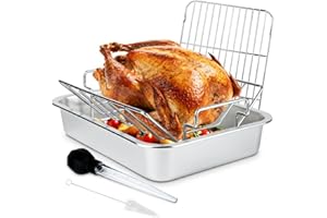 DOLAMOTY Turkey Roaster Roasting Rack with Pan, Stainless Steel Poultry Turkey Roasting Pan for Smoker Smoking and Grilling/Dual Purpose fit for Oven, Large Size Big Green Egg and Kamado Joe Etc
