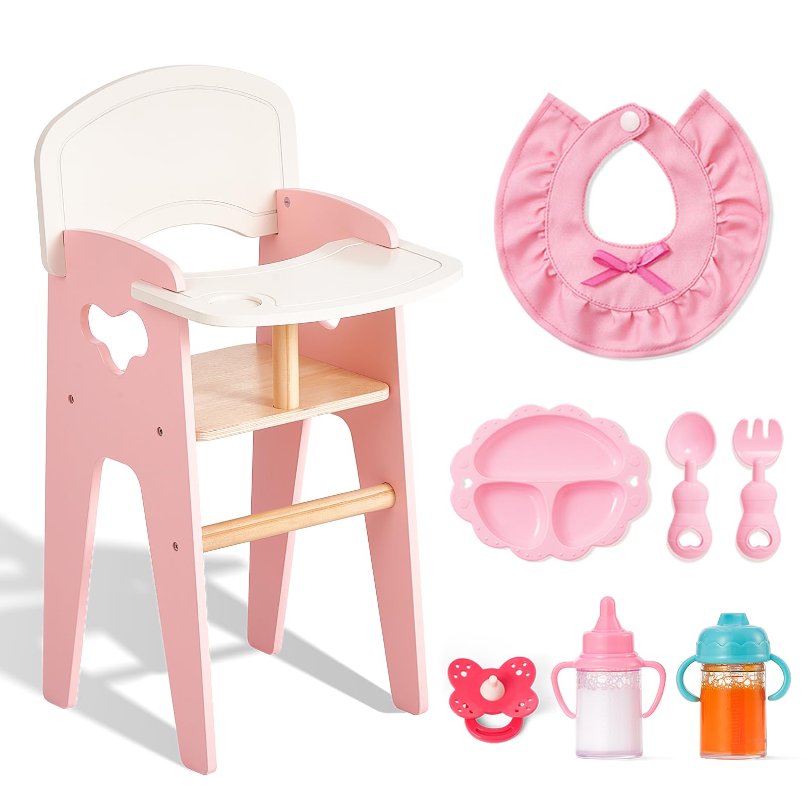 Giant bean Wooden Dolls High Chair with Feeding Set – Pretend Play Feeding Seat for Dolls, Includes Bib, Utensils, Bottles & Plate – Toddler Role Play Toy Furniture for 18 Inch Baby Dolls