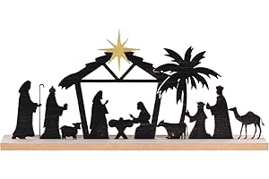 MEETYAMOR Nativity Sets for Christmas Indoor, Metal Nativity Scene with Wooden Base for Christmas Table Decor, Farmhouse Rustic Xmas Jesus Decorations for Home, Kitchen, Mantle, Shelf