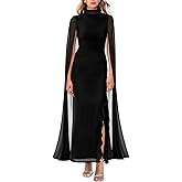 Aisbei Women's Elegant Mock Neck Slit Ruffle Bodycon Maxi Dress Evening Gowns Party Formal Wedding Guest Dresses with Cape